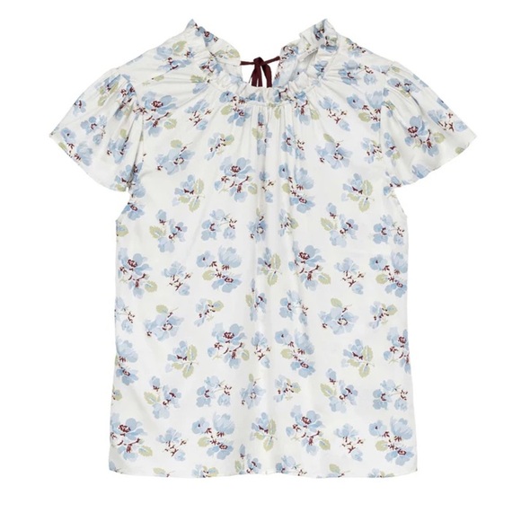 NWT Doen Yvie Silk Ruffle Short Sleeve High Neck Top Bleu Frolicking Floral - Picture 10 of 12